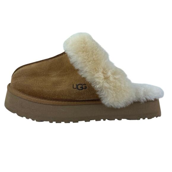 UGG Disquette Brown Faux Shearling Faux Fur Slip On Platform Clogs Slippers Sz 8 - Picture 1 of 6